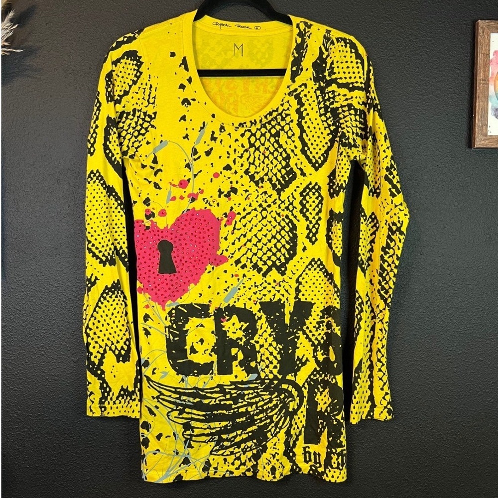 Crystal Rock Christian Audigier Yellow Graphic Long Sleeve Rhinestone Y2K‎ Top M